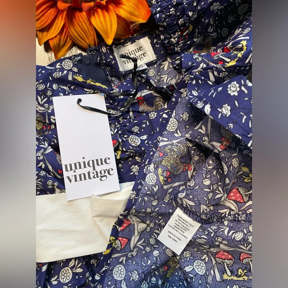 🦋B2G1🦋UNIQUE VINTAGE Retro Navy Mushroom and Rooster Dress NWT - Picture 9 of 11